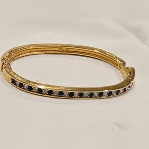 Vintage Swarovski Gold-Tone Hinged Green And White Crystal Bangle Bracelet